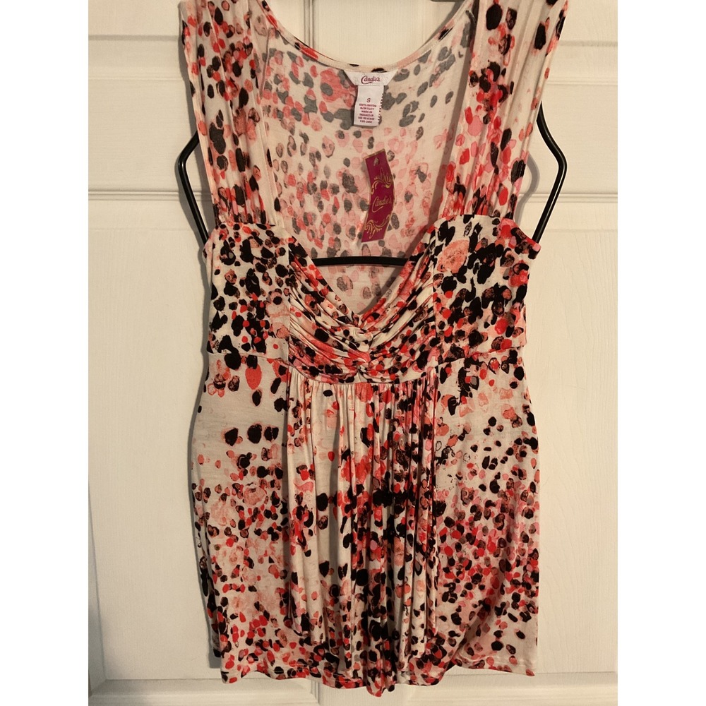 Candies Women's Small Sleeveless Ruched Print Top White Red Black Rayon